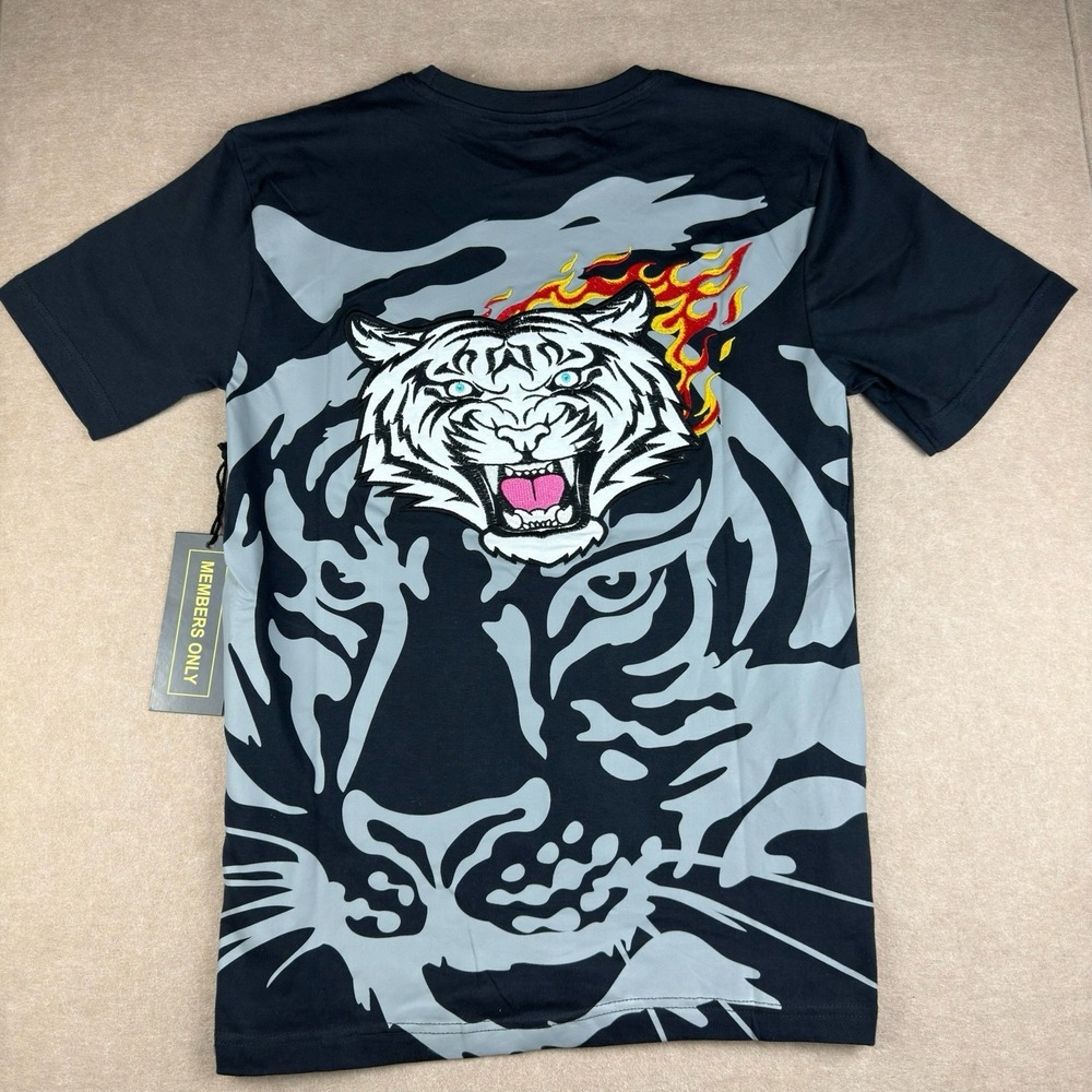 Members Only Shirt Men S Black Tiger Flames Graphic Tee Fire‎ Cat Back Print